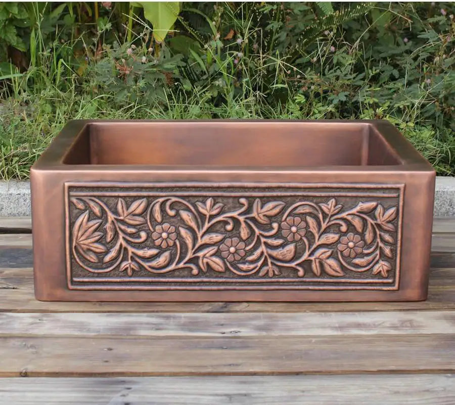MAEBOW Antique Copper Regtangular Apron Front Single Bowl Artistic Kitchen Sink