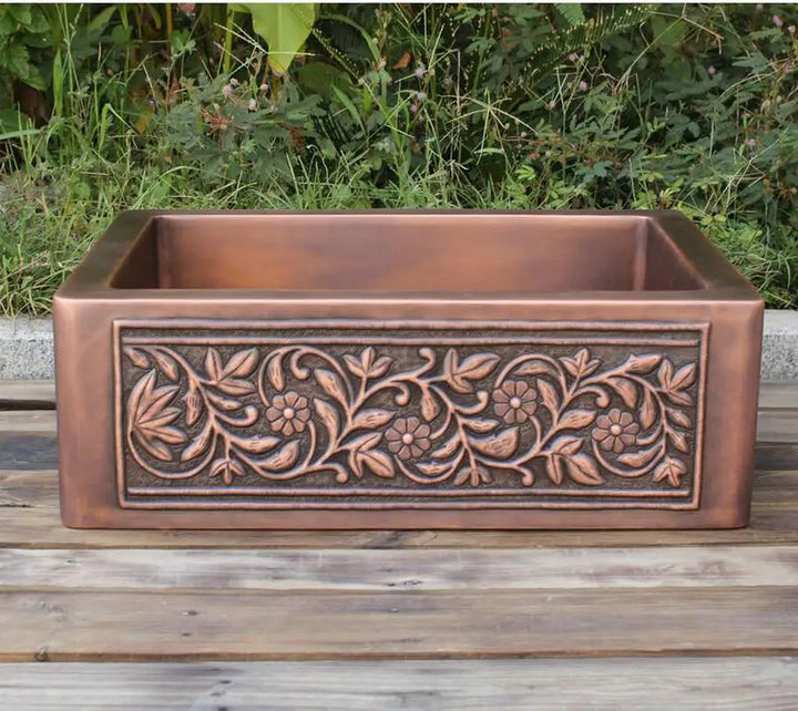 MAEBOW Antique Copper Regtangular Apron Front Single Bowl Artistic Kitchen Sink