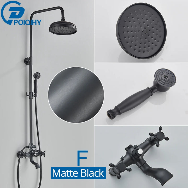 POIQIHY ORB Black Bathroom Shower Faucet In Wall 8" Rainfall Brass Shower Set Mixer Tap Tub Spout Bath Shower Set Dual Handles