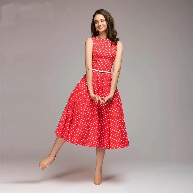 Vintage Dress Sleeveless O-neck Vestidos Women Elegant Thin Dot Printing Mid-Calf Casual Dress Female 2023 Summer New