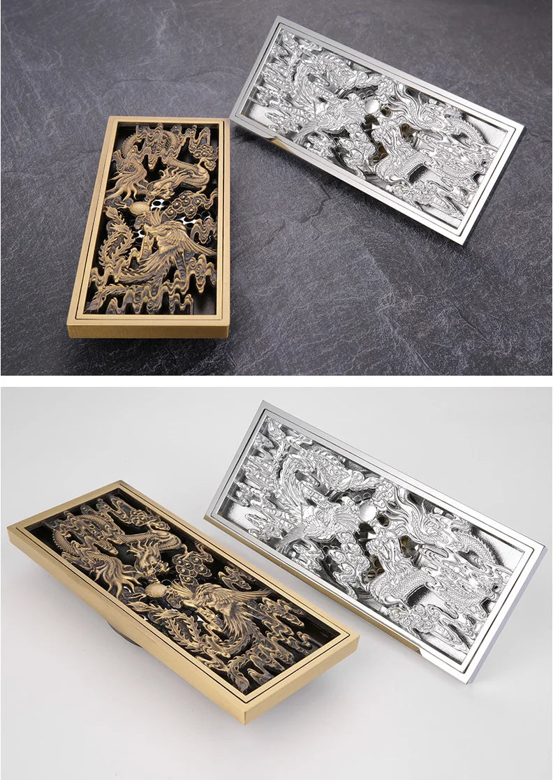 Bathroom Floor Drain Copper Antique Dragon Phoenix Picture Cover Large Displacement Floor Drain 20cm Long Strip Odor-Proof Drain
