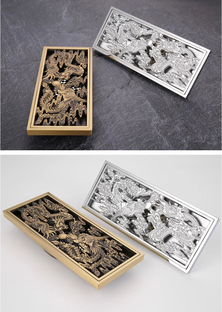 Bathroom Floor Drain Copper Antique Dragon Phoenix Picture Cover Large Displacement Floor Drain 20cm Long Strip Odor-Proof Drain