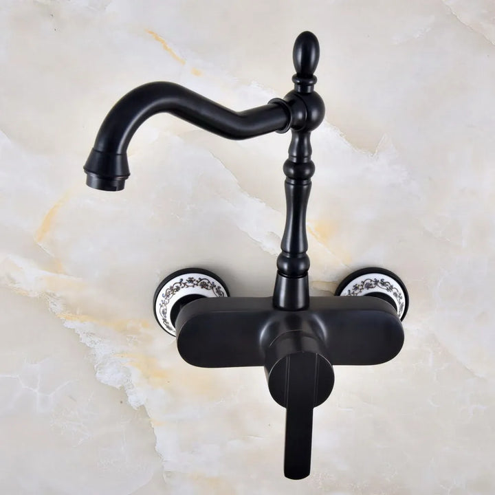 Black Oil Rubbed Bronze Bathroom Kitchen Sink Faucet Mixer Tap Swivel Spout Wall Mounted Single Handle mnf841