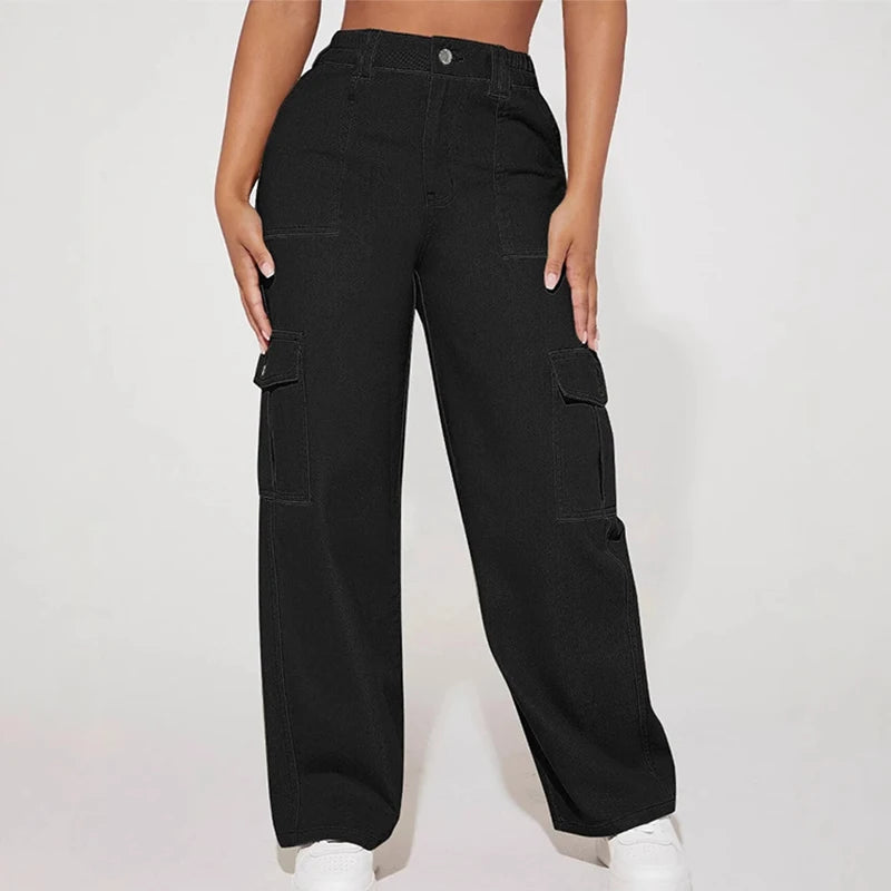 Women Black Wide Leg Cargo Pants 2025 Fashion High Waist Button Big Pocket Long Trousers Vintage Y2K Streetwear Baggy Trousers