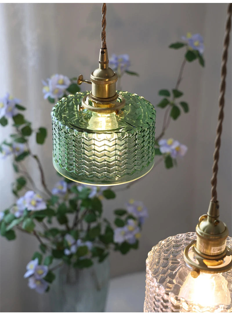 Suspension Green Stripe Glass Chandelier E27 Restaurant Pendant Light For Dining Room Kitchen Cafe Bedside Hanging Lamp Fixtures