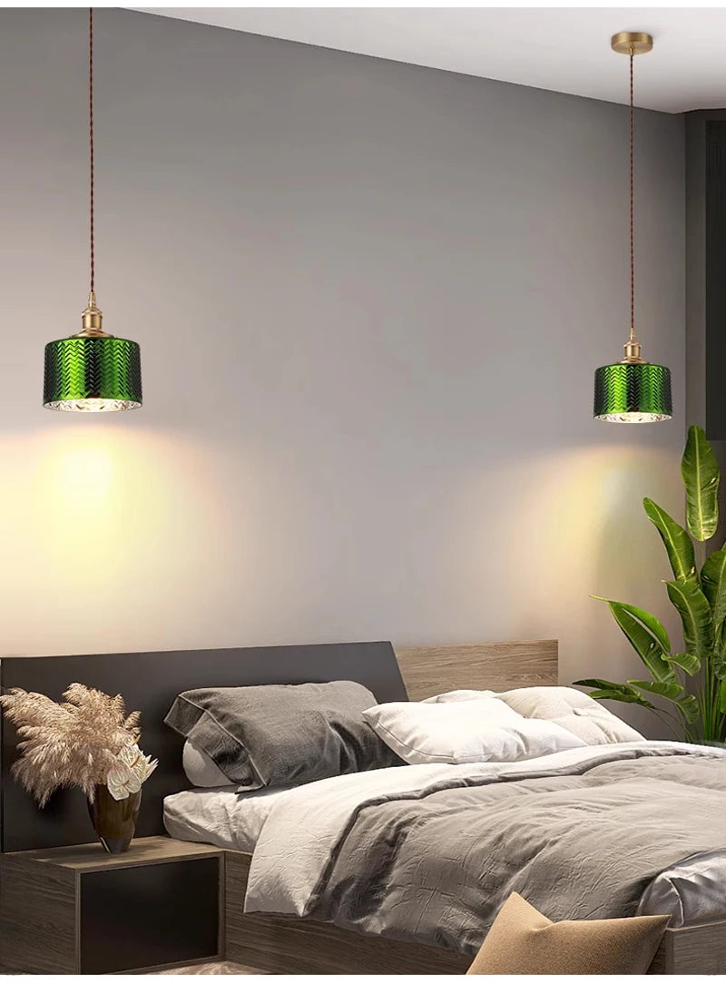 Suspension Green Stripe Glass Chandelier E27 Restaurant Pendant Light For Dining Room Kitchen Cafe Bedside Hanging Lamp Fixtures