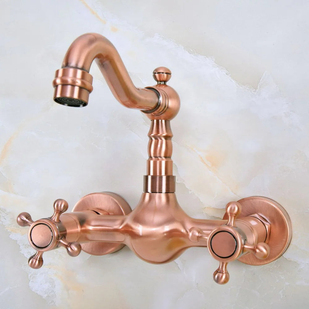 Antique Red Copper Bathroom Kitchen Sink Basin Faucet Mixer Tap Swivel Spout Wall Mounted Dual Cross Handles Nnf946