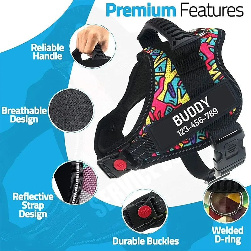 Personalised No Pull Dog Harness with Custom Name and Phone Number Heavy Duty Pet Vest To Prevent Tugging Pulling Choking