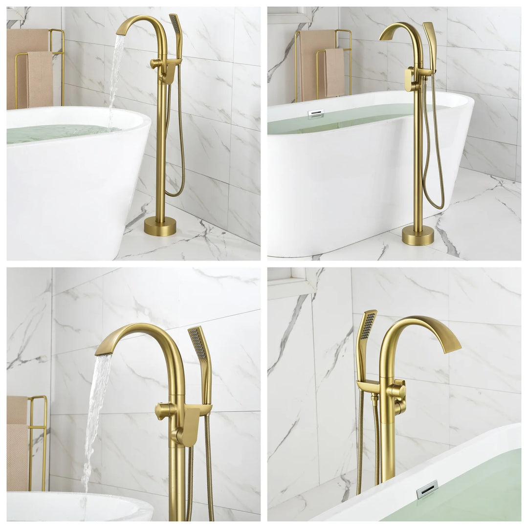Floor Stand Waterfall Bathtub Faucet Solid Brass Bathroom Bathtub Water Mixer with Hand Shower in Brushed Rose Gold, Black, Gold