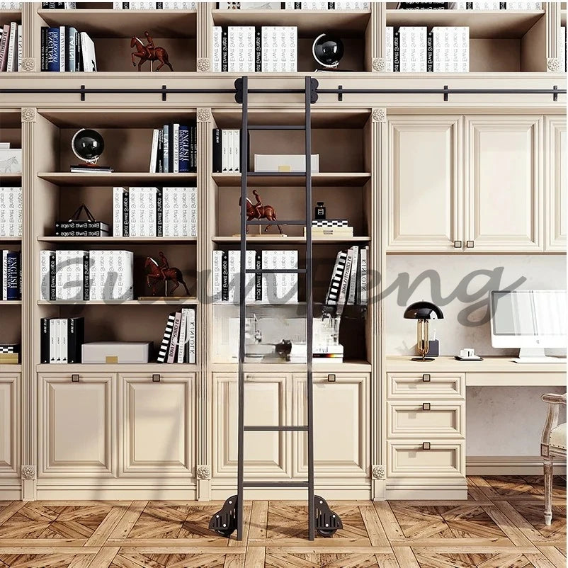 Bookshelf Mobile wrought iron Track ladder Bookshelf Library Home  Indoor attic one-word ladder