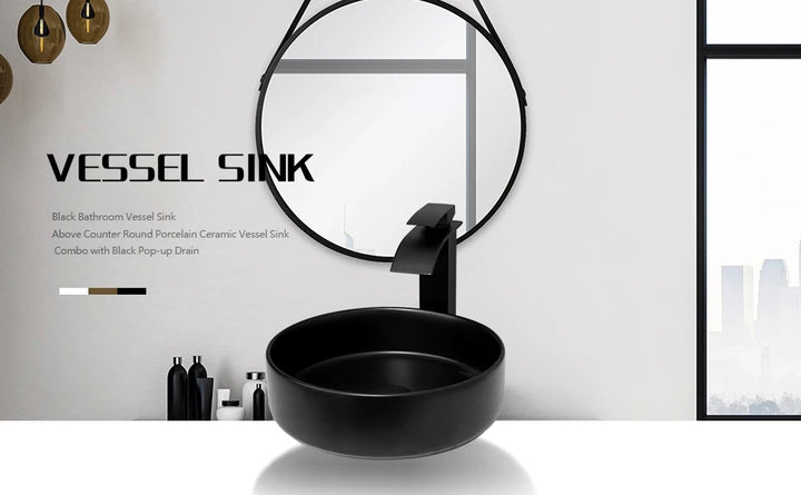 KEMAIDI Matte Black Bathroom Ceramic Washing Bowl Sink Above Counter Round Bathroom Sinks with Faucet Mixer Tap Set Deck Mounted