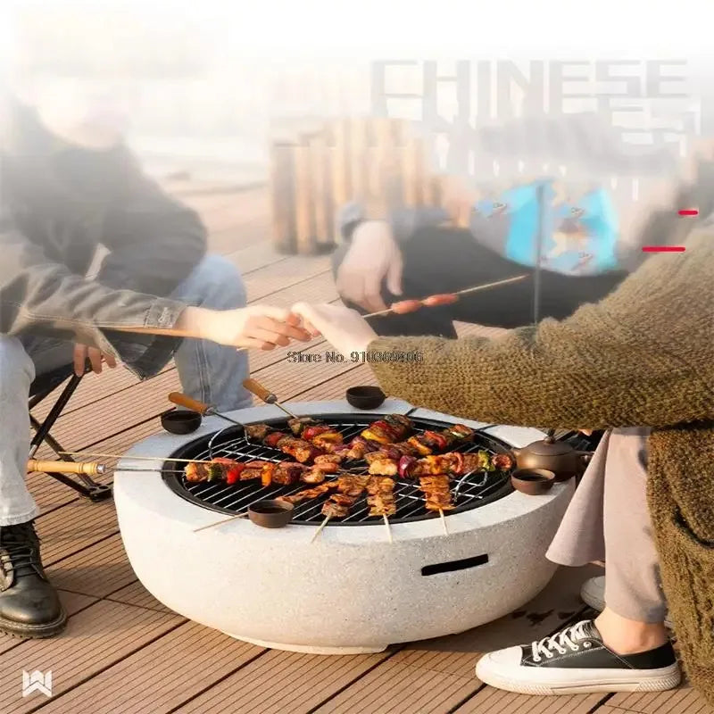 Round Outdoor Fire Pit Table Household Charcoal Brazier Garden Courtyard Barbecue Grill with Mesh Enclosure and Barbecue Net