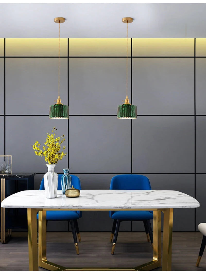 Suspension Green Stripe Glass Chandelier E27 Restaurant Pendant Light For Dining Room Kitchen Cafe Bedside Hanging Lamp Fixtures