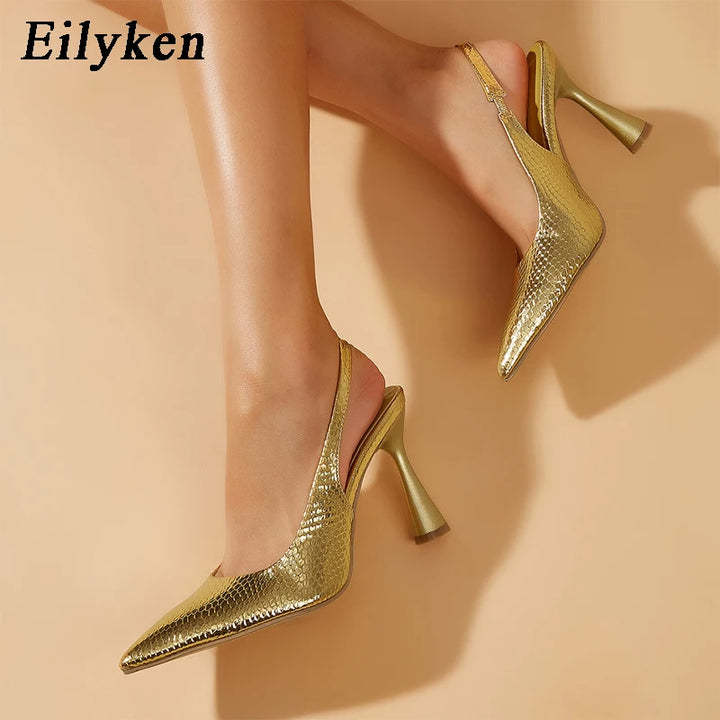 Eilyken New Spring Pointed Toe Gold,Silver Mules Stiletto High Heel Shoes