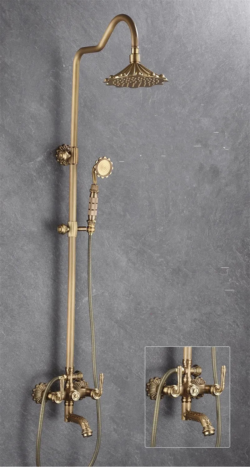 Antique Bronze Carved Bathroom Shower Faucet Set Wall Mounted Bathtub and Shower Faucet Cold & Hot Bath Shower Mixer Tap Brass