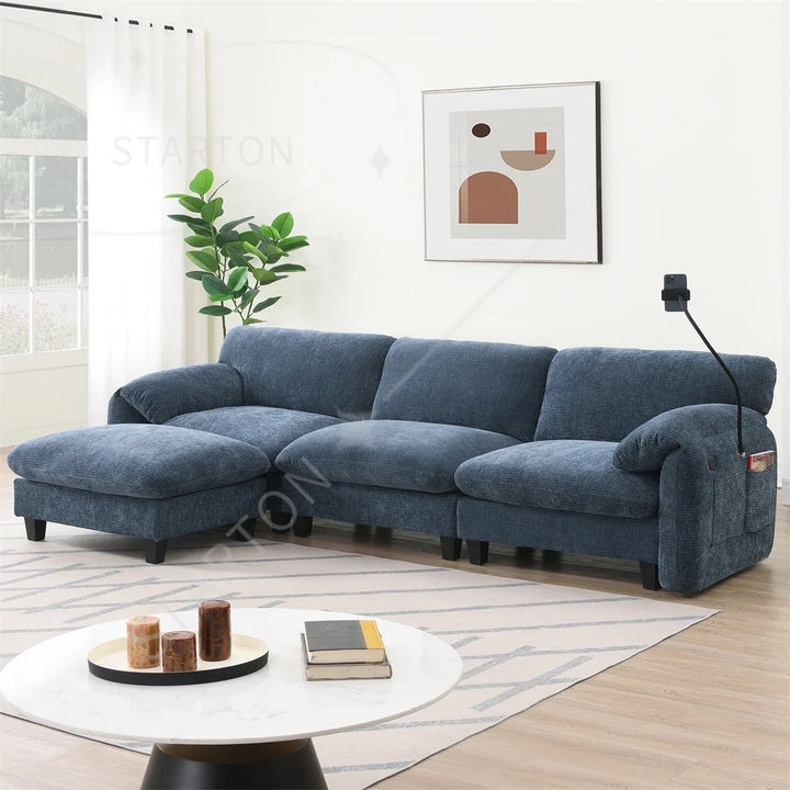 Sectional Sofa Couch with Ottoman Wholesale L-Shape with Extra-Wide Seat Cushion USB Type-C Charger Phone Holder Modular