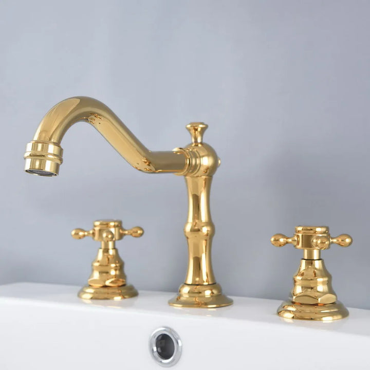 Bathroom Basin Faucet 3 Hole Deck Mounted Dual Handle Hot Cold Mixer Water Tap Brass Basin Sink Faucet Nzh041