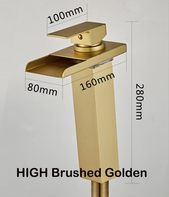 Brushed Gold LED Basin Faucet Waterfall Sink Taps Color Changing Temperature Bathroom Mixer Brass Cold Hot Tap