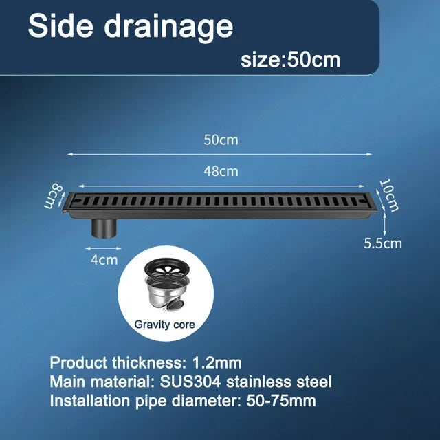Black Floor Drain 304 Stainless Steel Shower Drain Long Strip Odor Proof Bathroom Floor Drainage Large Displacement