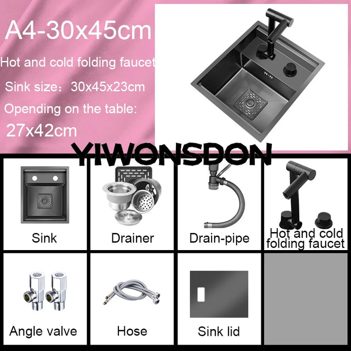 Nano Hidden Bar Kitchen Sink Black Folding Faucet Mini Small Single Bowl Wash Basin Stainless Steel Soap Dispenser Accessories