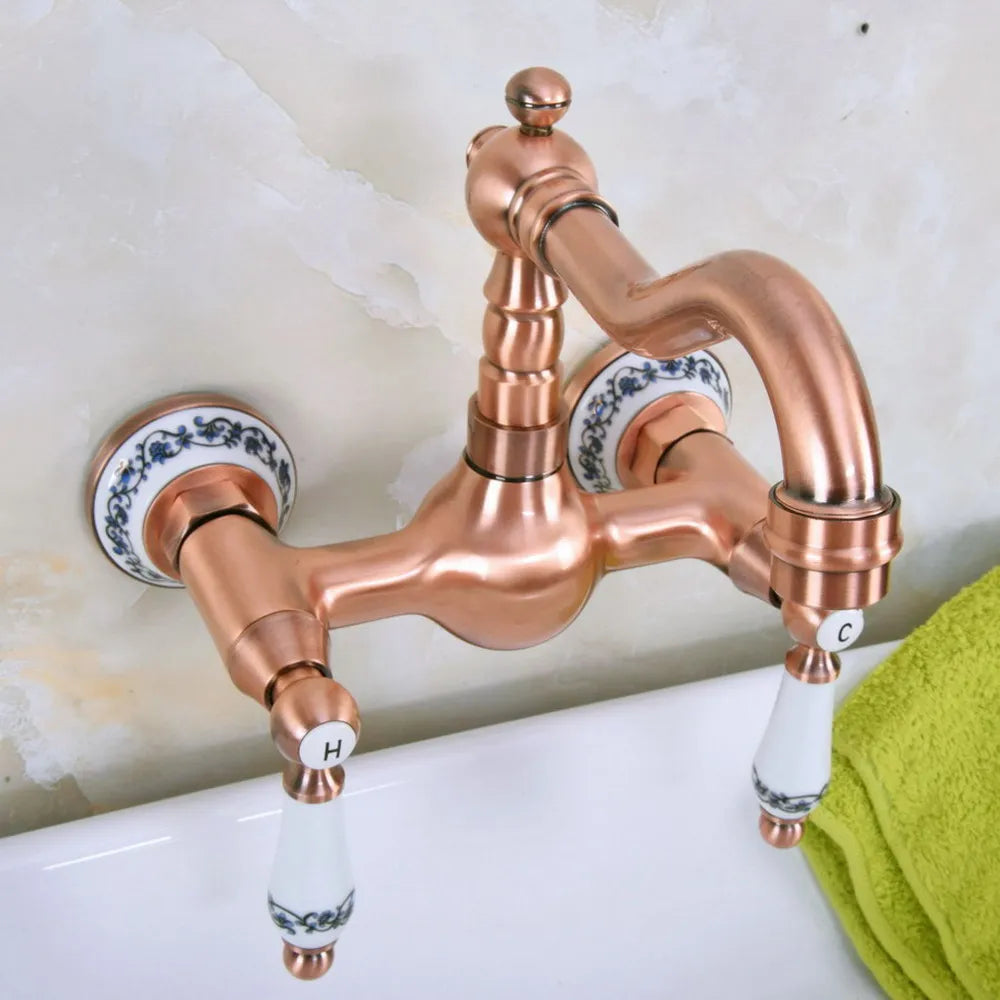 Basin Faucet Wall Mounted Dual Handles Bathroom Faucets Swivel Spout Antique Red Copper Hot Cold Water Mixer Tap Nnf955