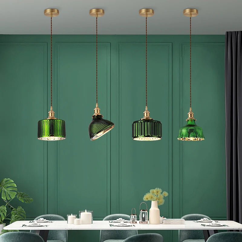 Suspension Green Stripe Glass Chandelier E27 Restaurant Pendant Light For Dining Room Kitchen Cafe Bedside Hanging Lamp Fixtures
