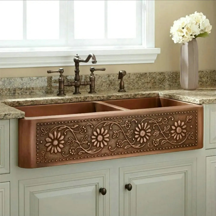 MAEBOW Antique Copper Regtangular Apron Front Double Bowls Artistic Kitchen Sink Farmhouse Sink
