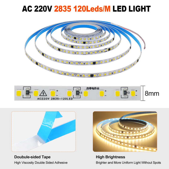 10M 20M 50M/Roll AC 220V 240V LED Strip NO Need Driver IP44 3000K 4000K 6000K 2835 120Leds/M Flexible Ribbon Rope Tape Light