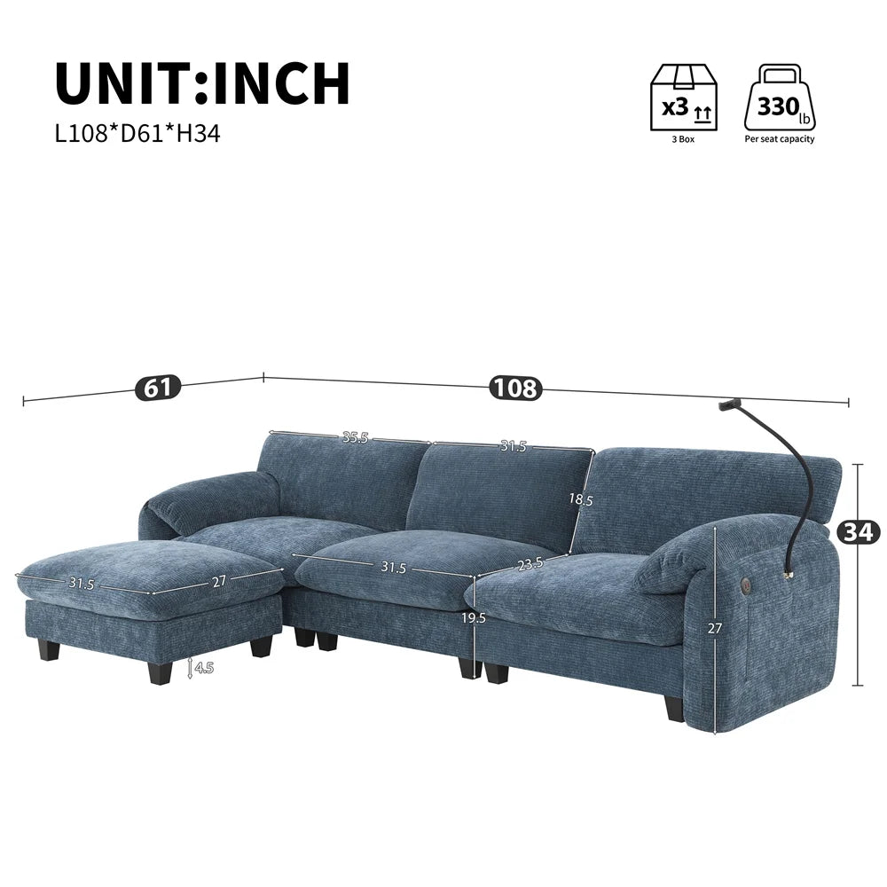 Sectional Sofa Couch with Ottoman Wholesale L-Shape with Extra-Wide Seat Cushion USB Type-C Charger Phone Holder Modular