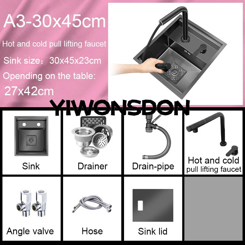 Nano Hidden Bar Kitchen Sink Black Folding Faucet Mini Small Single Bowl Wash Basin Stainless Steel Soap Dispenser Accessories
