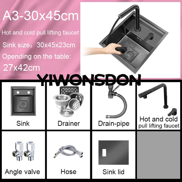 Nano Hidden Bar Kitchen Sink Black Folding Faucet Mini Small Single Bowl Wash Basin Stainless Steel Soap Dispenser Accessories