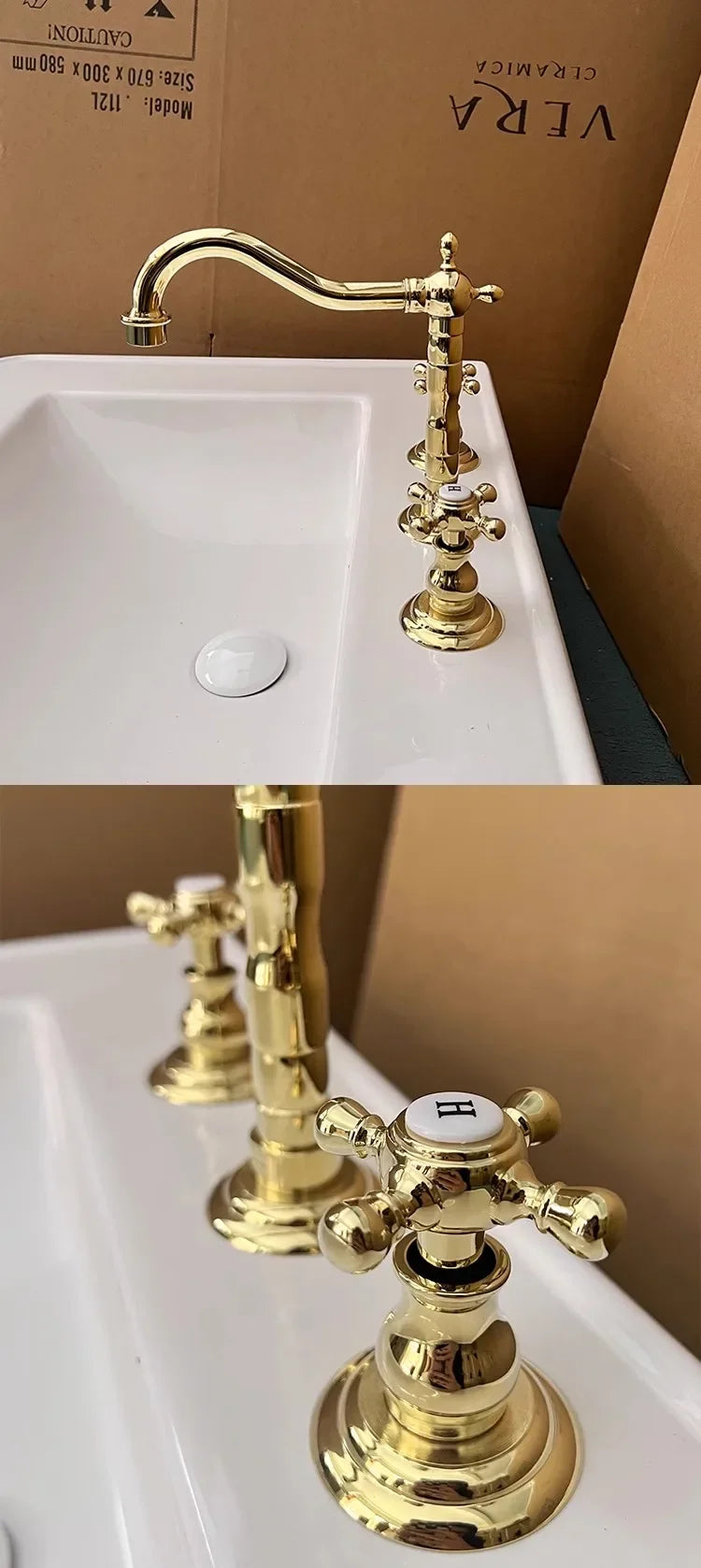 Luxury Gold Color Brass 3 Hole Basin Sink Faucet Dual Handle Hot and Cold Mixer Tap Plum Shape Nnf981