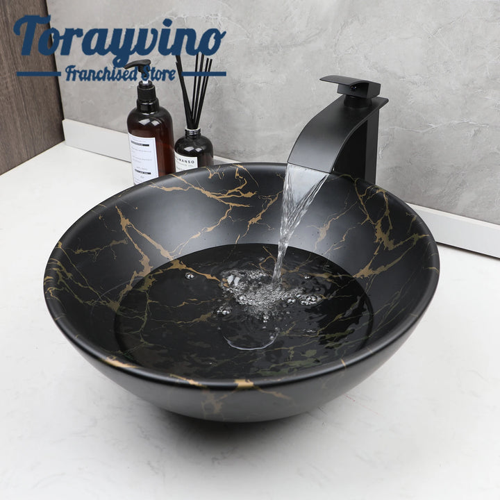 TORAYVINO Ceramic Bathroom Basin Sink Faucet Set Matter Black Vessel Vanity Top Sink Waterfall 2 Hole Single Handle Faucet Mixer