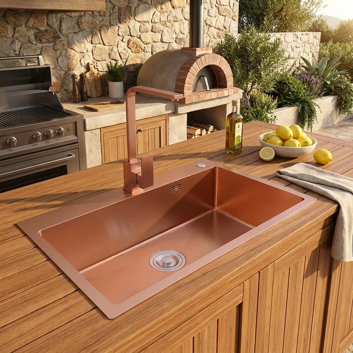 Rose Gold Stainless Steel Kitchen Sink Single Bowl Above Counter Vegetable Basin Modern Drain Storage Luxury