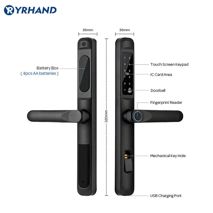 Tuya WiFi App waterproof Smart Door Lock Aluminum Biometric lock fingerprint door handle Digital Keyless lock for Glass Sliding