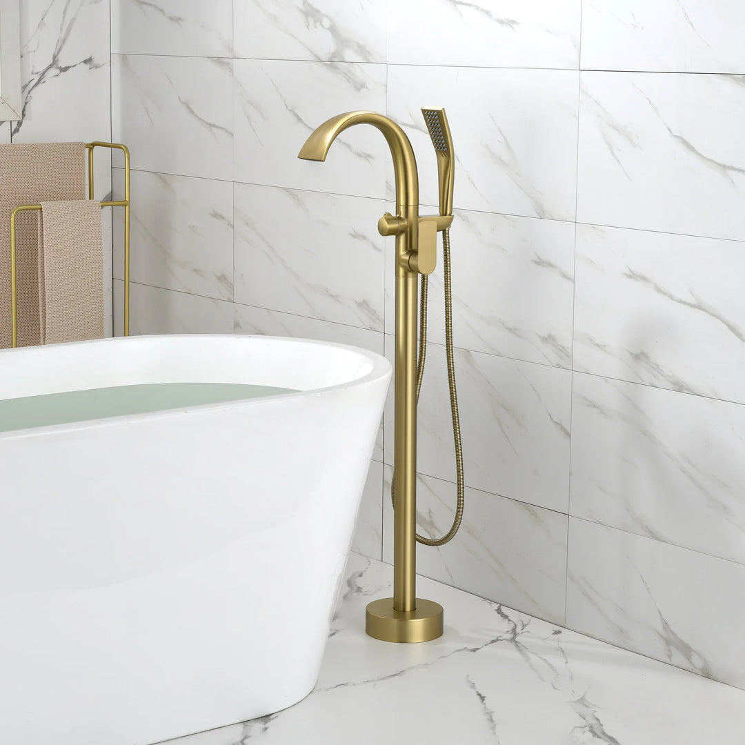 Floor Stand Waterfall Bathtub Faucet Solid Brass Bathroom Bathtub Water Mixer with Hand Shower in Brushed Rose Gold, Black, Gold