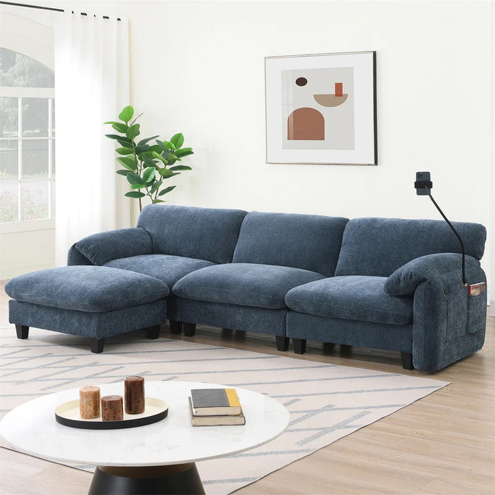Sectional Sofa Couch with Ottoman Wholesale L-Shape with Extra-Wide Seat Cushion USB Type-C Charger Phone Holder Modular