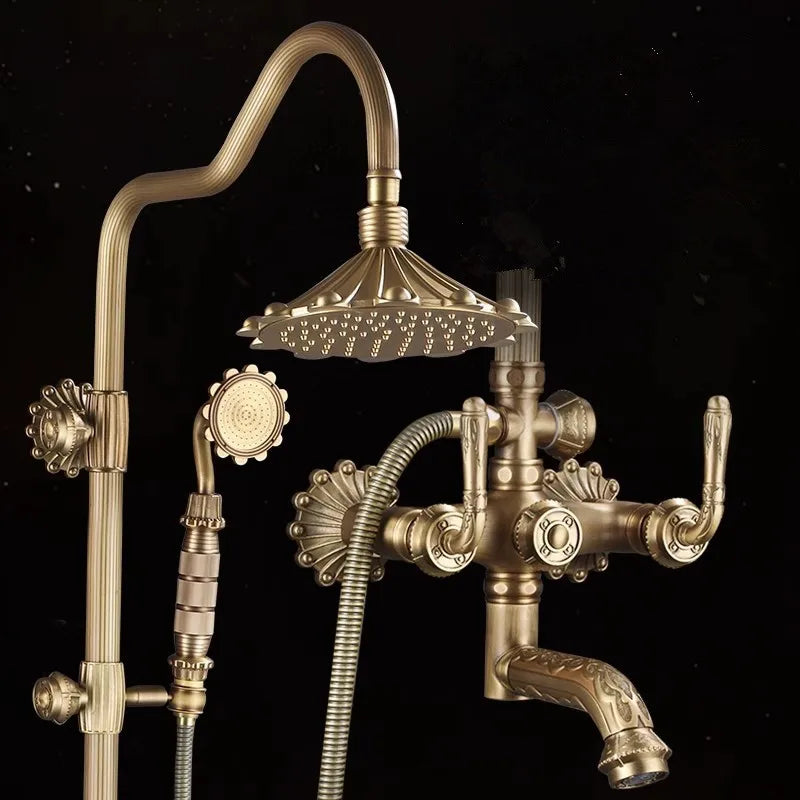 Antique Bronze Carved Bathroom Shower Faucet Set Wall Mounted Bathtub and Shower Faucet Cold & Hot Bath Shower Mixer Tap Brass