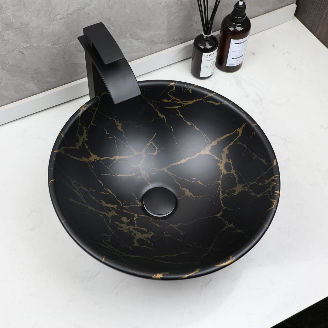 TORAYVINO Ceramic Bathroom Basin Sink Faucet Set Matter Black Vessel Vanity Top Sink Waterfall 2 Hole Single Handle Faucet Mixer