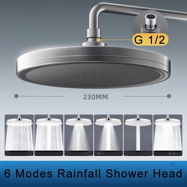 New 6 Modes Big Panel Large Flow Supercharge Rainfall Shower Head High Pressure Top Rain Shower