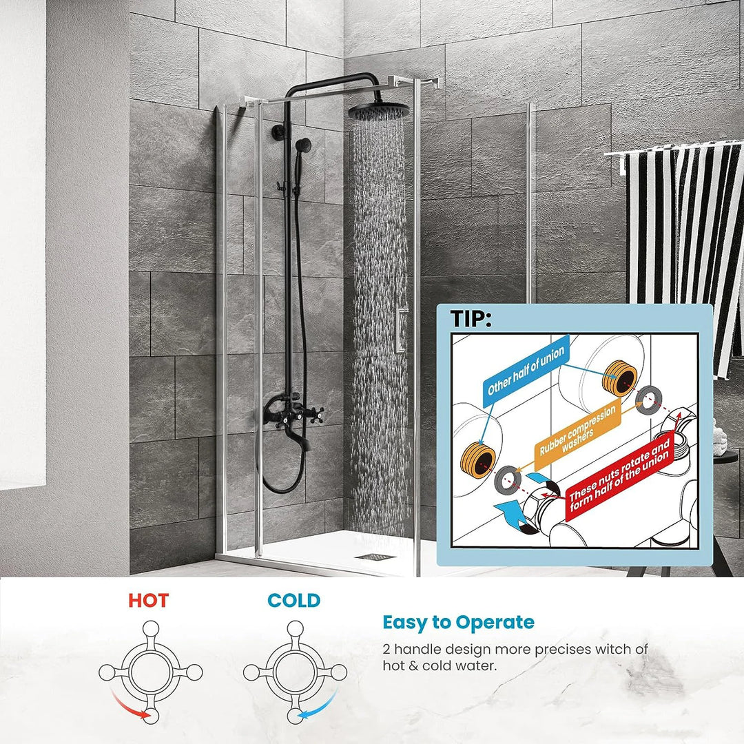 KEMAIDI Bathroom Black Shower Set Wall Mounted 8" Rainfall Shower Faucet 3-functions 2 Cross Handles Solid Brass Shower Fixtures
