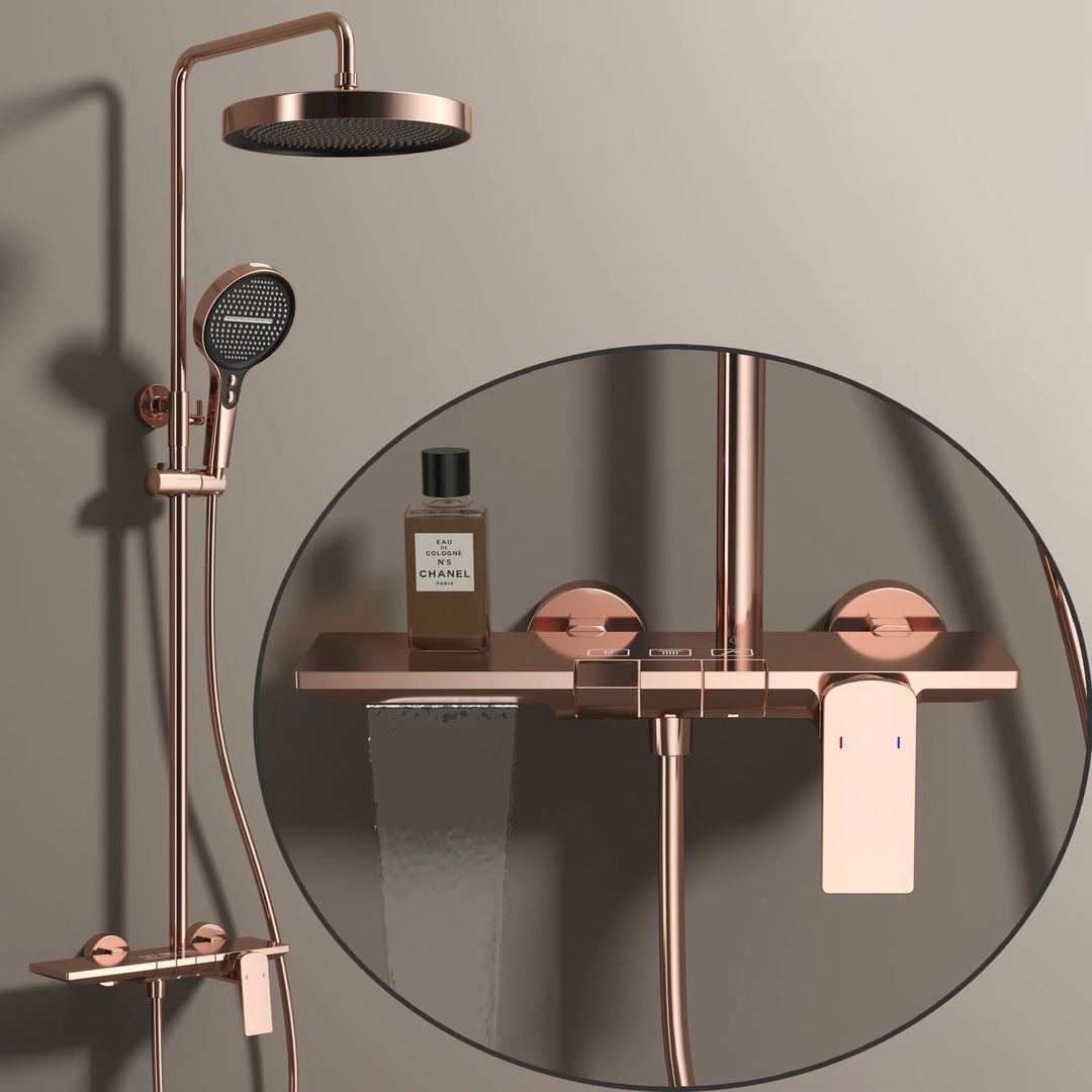 Brushed Rose Gold Piano Bathroom Shower Set Brass Hot Cold Bathroom Mixer Faucet Rain Shower Head Hot Cold Piano Shower System
