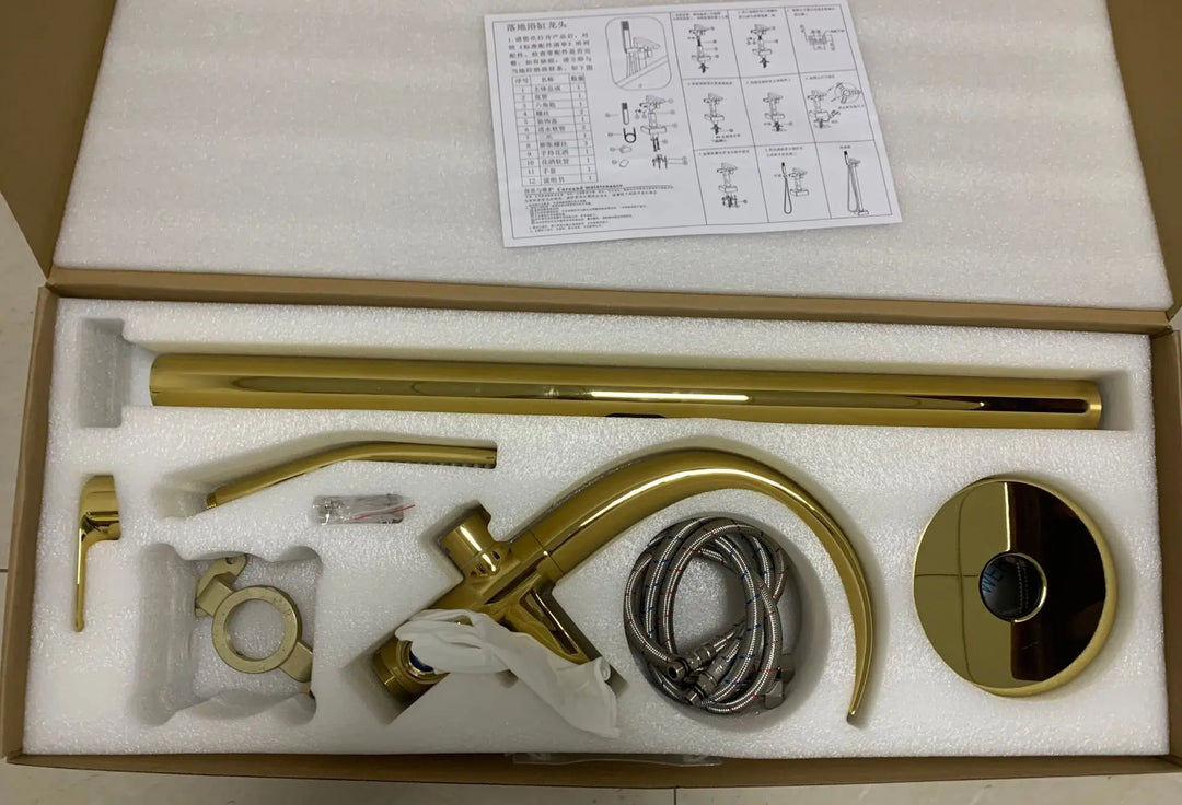 Floor Stand Waterfall Bathtub Faucet Solid Brass Bathroom Bathtub Water Mixer with Hand Shower in Brushed Rose Gold, Black, Gold