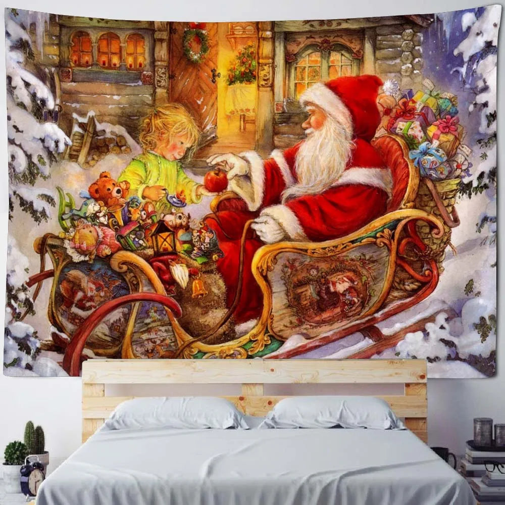 Christmas tapestry, winter snow view, Santa Claus, elk fireplace, room art decoration, wall hanging cloth,