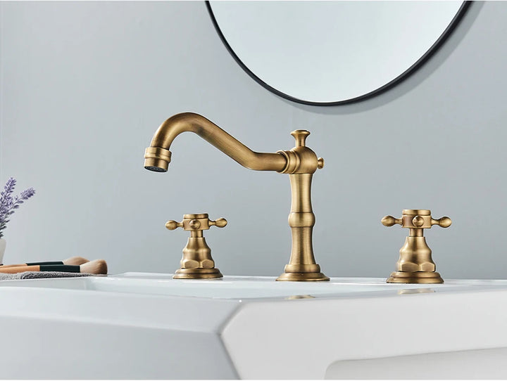 Antique Brass Bathroom Mixer Taps Widespread Basin Faucet Dual Handles Hot and Cold Tap Deck Mounted Brass Basin Sink Faucet