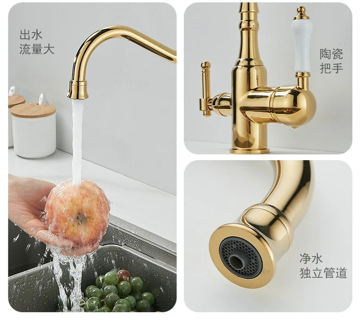 Brass light luxury three-in-one pure water faucet household sink washbasin hot and cold water faucet anti-splash