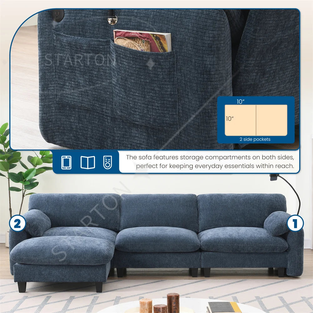 Sectional Sofa Couch with Ottoman Wholesale L-Shape with Extra-Wide Seat Cushion USB Type-C Charger Phone Holder Modular