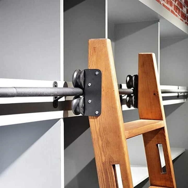 12FT(366cm) Sliding Library  Hardware Kit No Ladder，Black Rustic Round Tube Rolling Ladder Track,Floor Roller with Brake,Indoor