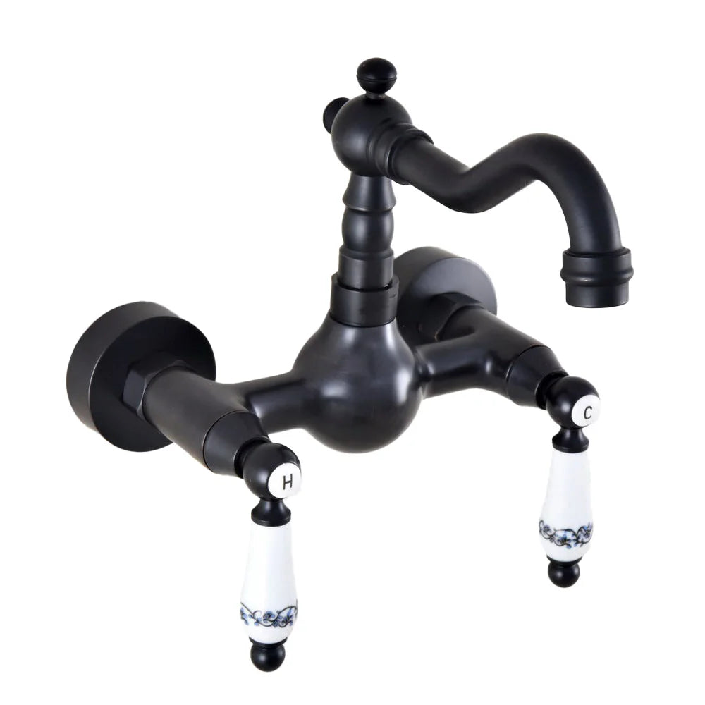 Black Oil Rubbed Bronze Wall Mounted Bathroom Kitchen Sink Faucet Swivel Spout Mixer Tap Dual Ceramics Handles Levers anf859