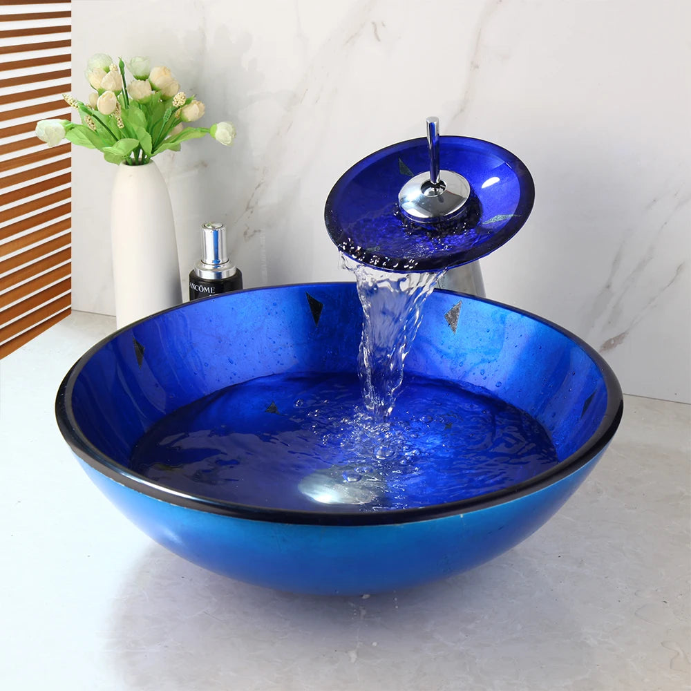 MONITE Tempered Glass Bathroom Sink Set Hand-Painted Art Basin Combine Round Waterfall Bowl Basin Faucet Multiple Styles